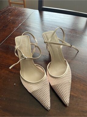 Zara Pointed Mesh Ankle-Strap Heels in Light Beige